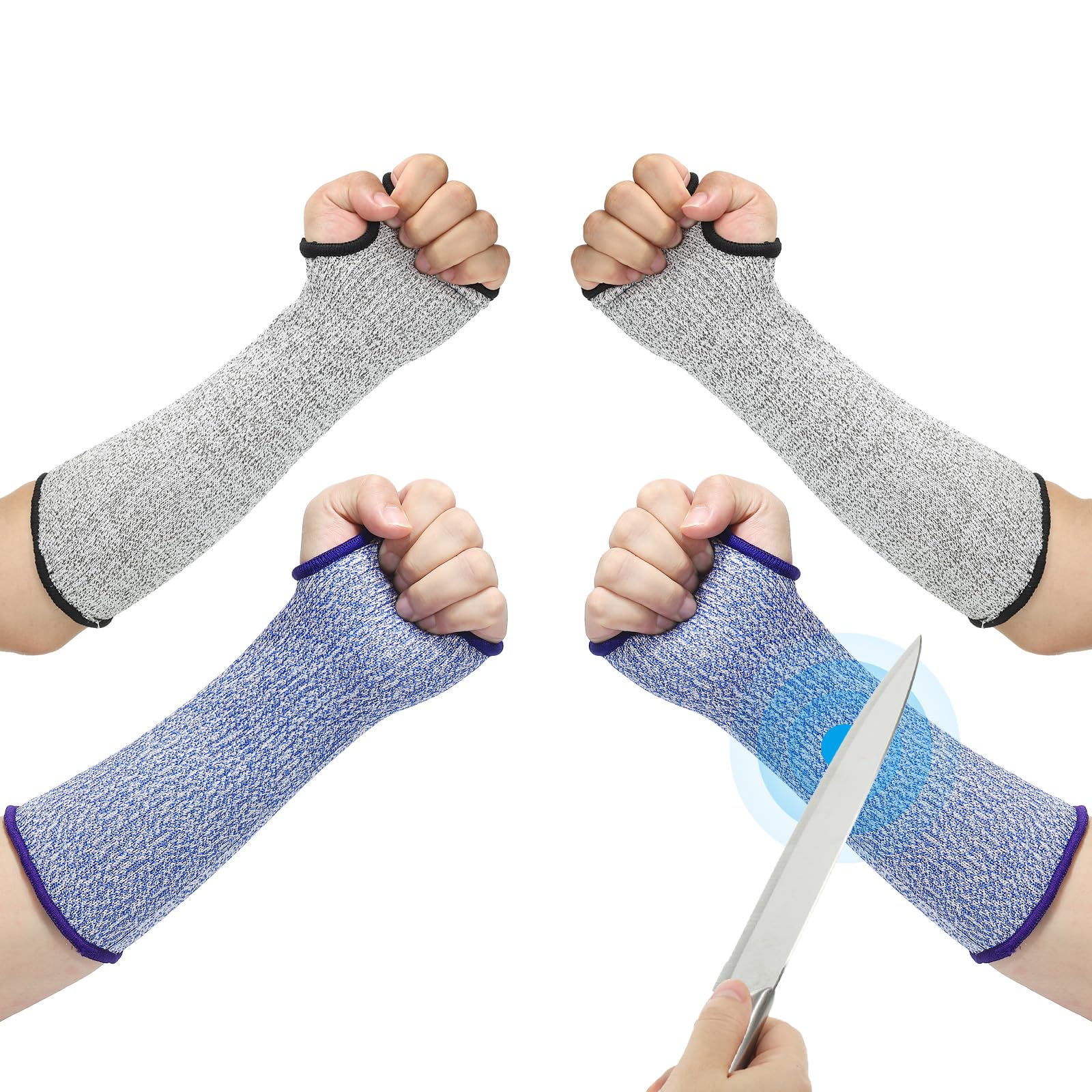 PATIKIL 10 Inch Cut Resistant Sleeve, 2 Pairs Arm Safety Protectors Sleeves with Thumb Hole Level 5 Protection Forearm Guard Sleeves for Thin Skin and Bruising, XS, Blue/Gray