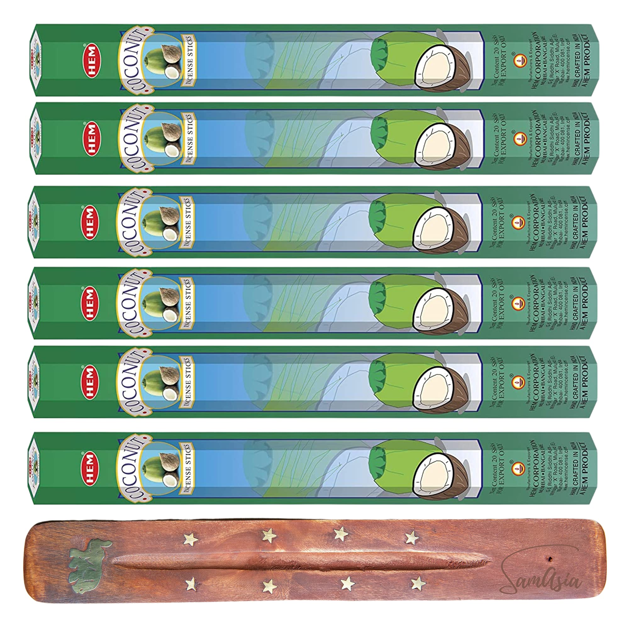 HEM Incense sticks | Pack of 6 | with SAMASIA incense stick holder for Aromatherapy, Incense Spa, Yoga, Meditation, Healing, Spirituality and Relaxation (Coconut)