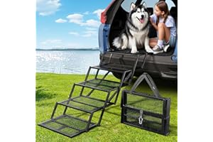 Linvivon Dog Stairs for Large Dogs, Adjustable Extra Wide Steps for Dogs with Non-Slip Surface and Reflective Strips, Portable Folding Dog Steps for Car, Truck and SUV, Supports Up to 400LBS, 5 Steps