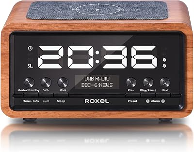 Roxel Nod Bedside Radio DAB/DAB+ FM Alarm Clock QI Wireless Charging Walnut