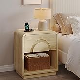Bestier 23.6" Small Nightstand with Charging Station, Farmhouse Arched & Curved Night Stand, Mid Century Modern Bedside Table with Drawer & Open Shelf, Wood Bed Side End Table for Bedroom, Natural