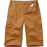 Cotrasen Men's Cargo Shorts Cotton Casual Below Knee Long Shorts Twill Elastic 3/4 Capri Pants with 7 Pockets