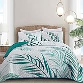 Quilt Set Queen Size Aqua Tropical Coastal Botanical Quilt Bedding Set, 3 Piece Lightweight Soft Microfiber Palms Tree Bedspreads Coverlet Set with 2 Pillowcases for All Season (Queen,96"x 90")
