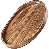 Acacia Wood Serving Tray with Handles - 17"x13" Round, Decorative Ottoman Tray for Living Room, Coffee Table, Breakfast in Bed, Candle Display