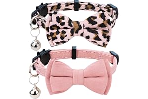Gyapet Collar for Cats Pets Breakaway with Bell Bowtie Floral Bow Detachable Adjustable Safety Puppy 2pcs Pink Leopard & Pure