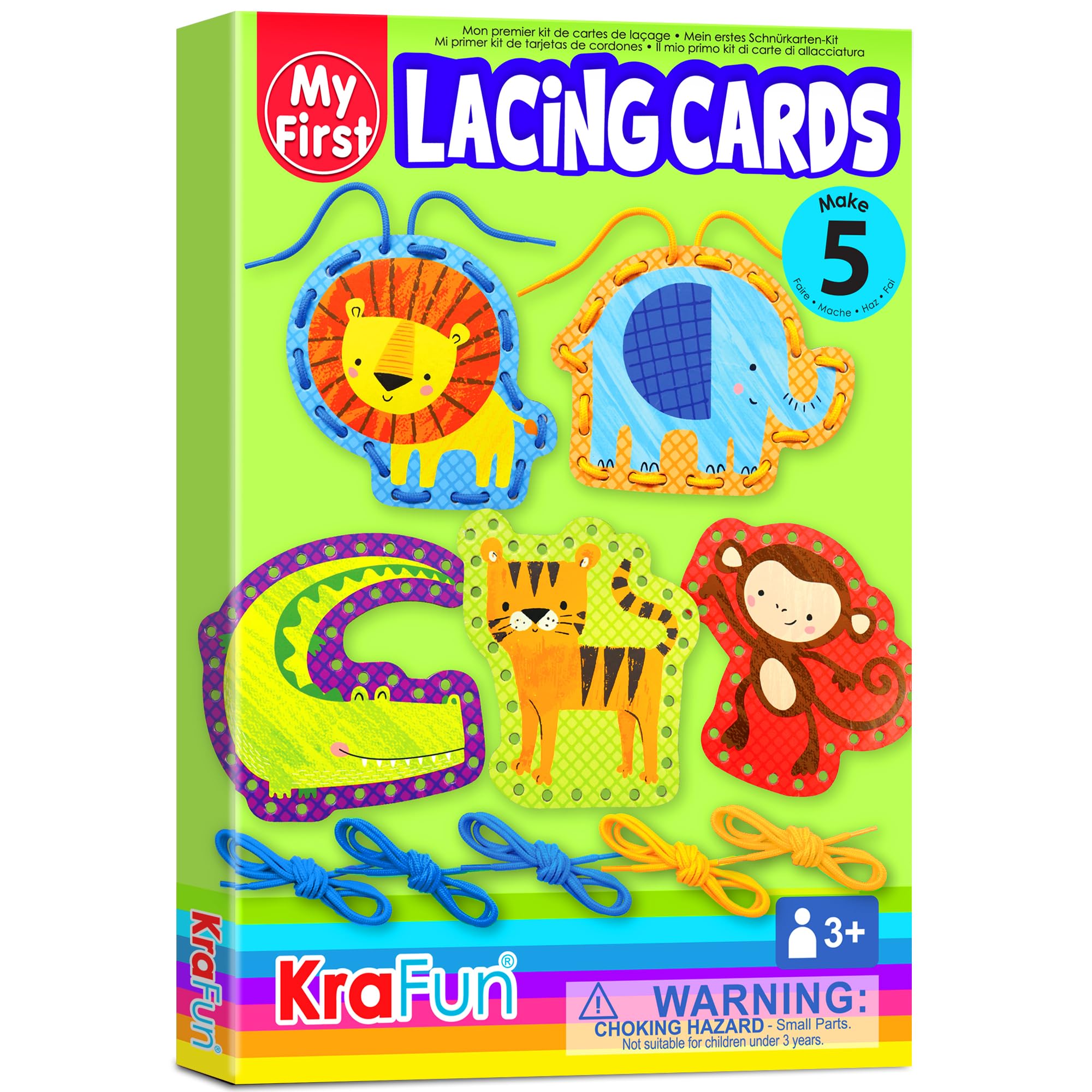 KRAFUN Safari Animal Lacing Card Kit for Kids Ages 3-8, 5 Beginner Arts & Crafts Projects with Lion, Monkey, Elephant, Instructions, Preschool Fine Motor Skills Toy, Educational Gift