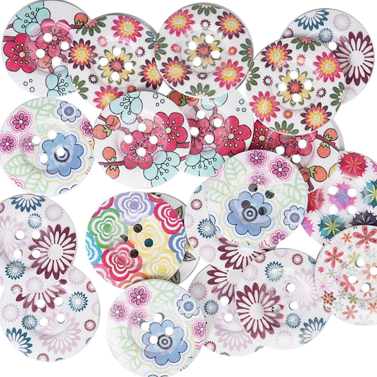 Chenkou Craft 20pcs Big Mix Lots Round Flower Wood Buttons 4 Holes Craft Sewing Button (40mm)
