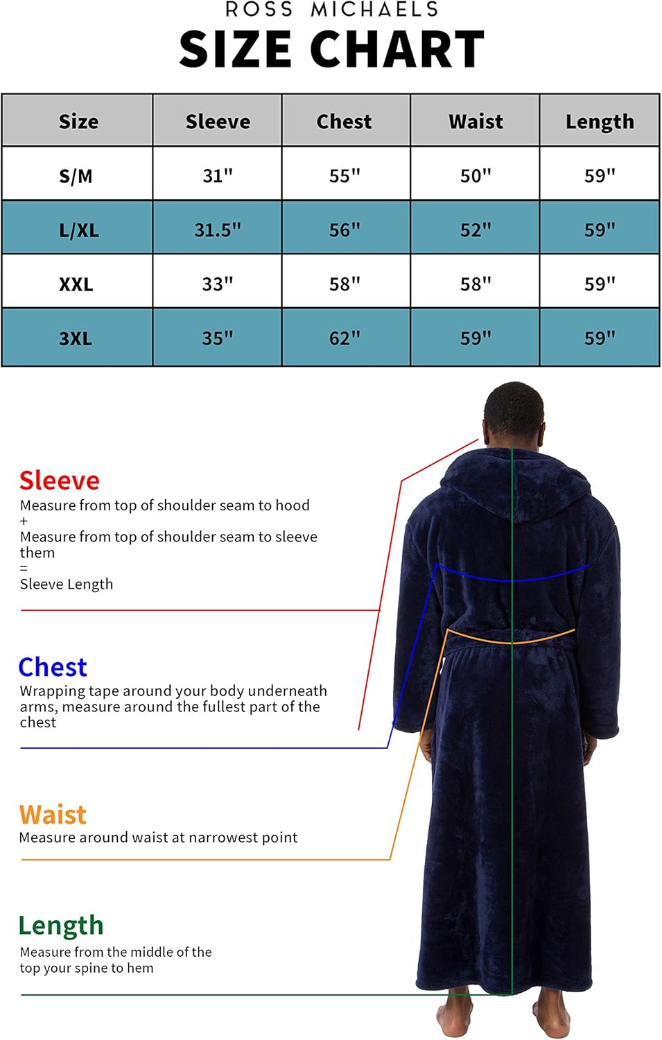Ross Michaels Mens Luxury 400gsm Hooded Long Robe - Full Length Plush Big & Tall Bathrobe at  Men’s Clothing store