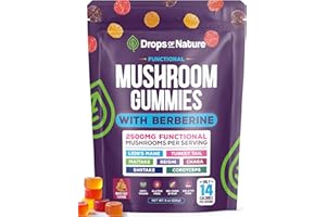 DROPS OF NATURE Mushroom Gummies & Berberine Supplement - Lion's Mane, Turkey Tail, Maitake, Reishi, Chaga, Shiitake & Cordyceps - Mushroom Supplement - Boosts Focus & Immune System (Mixed Fruits, 60 Gummies)