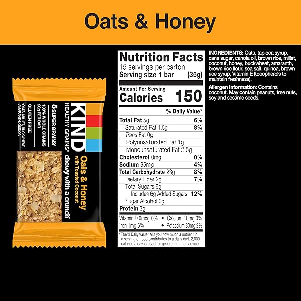 KIND HEALTHY GRAINS BARS, OATS & HONEY, GLUTEN FREE, 15 COUNT