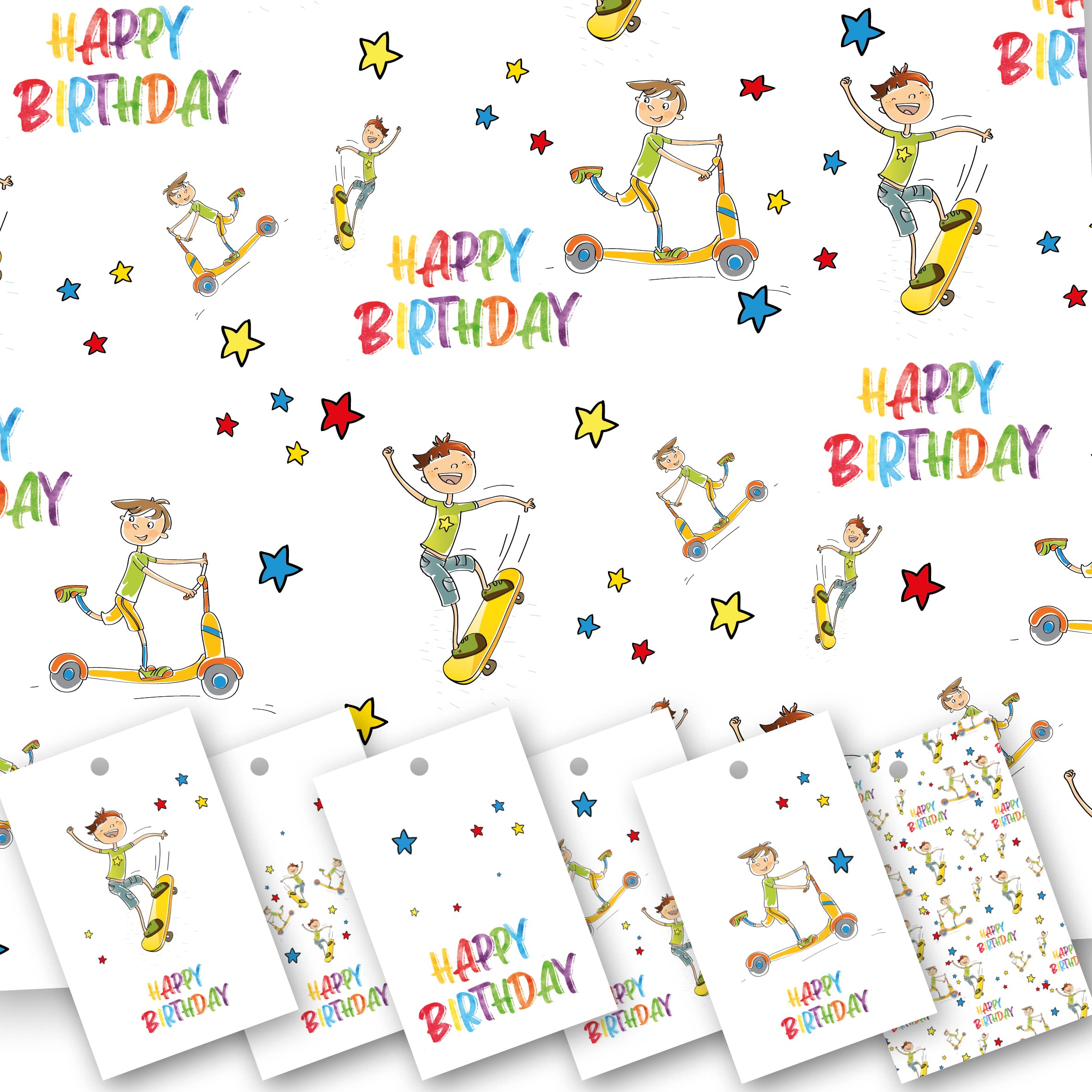 Happy Birthday Wrapping Paper. Boys Wrapping Paper. Scooter Design. 5 XL Sheets (50 x 70cm). Gift Wrap with Matching Tags. Cutting Grid on Reverse.
