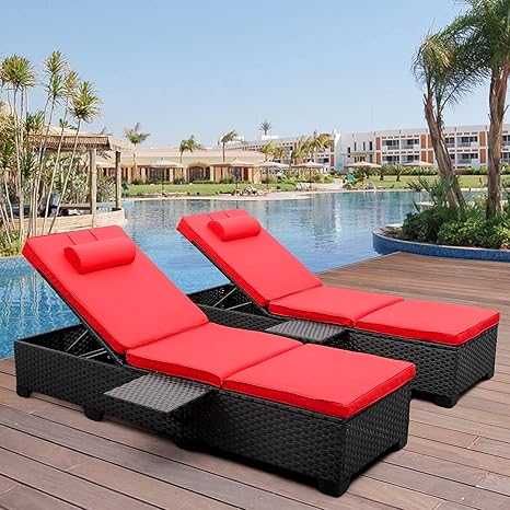 Amazon Com Outdoor Pe Wicker Chaise Lounge 2 Piece Patio Black Rattan Reclining Chair Furniture Set Beach Pool Adjustable Backrest Recliners With Red Cushions Kitchen Dining