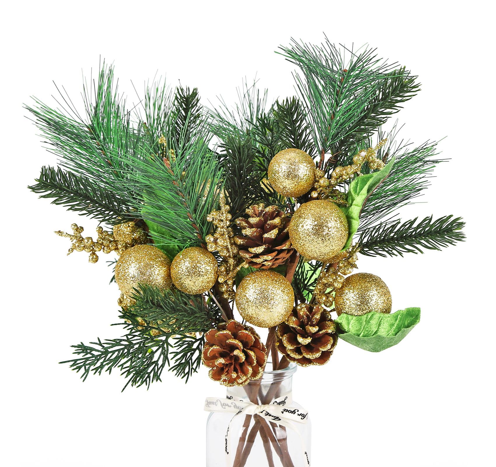 Christmas Picks and Sprays 6Pcs, 35cm Glitter Berry Picks Artificial Pine Branches, Christmas Berries Stems for Wreath Making and Floral Arrangement, Pine Cones Stems for Table decoration, Gold
