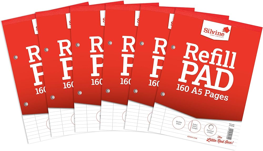 Silvine SV41642 A5 Refill Feint Pad White Pack of 6 80 sheets 75gsm 8mm ruled
