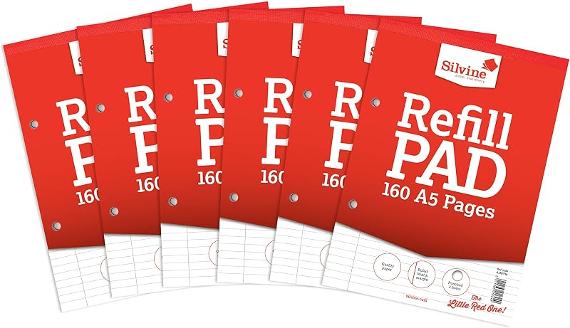 Silvine SV41642 A5 Refill Feint Pad White Pack of 6 80 sheets 75gsm 8mm ruled