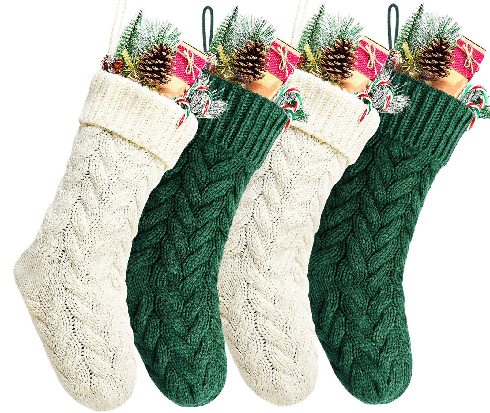 Kunyida 14" Green and Ivory Knit Christmas Stockings,4 Pack