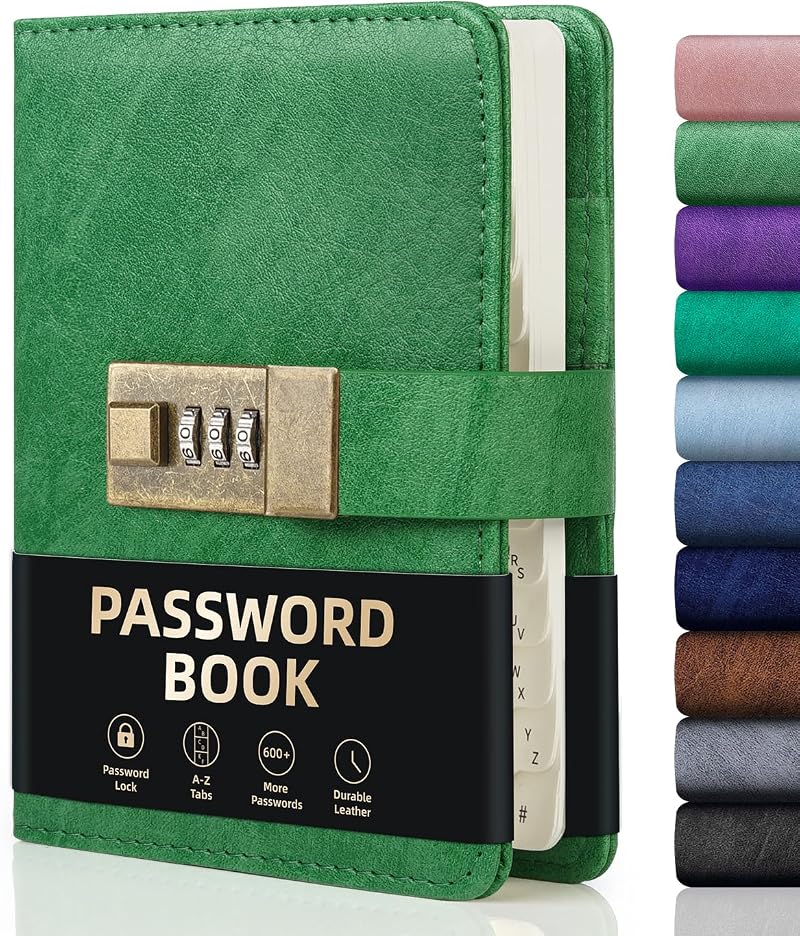 WEMATE Password Book with Lock 600+ Entries Alphabetical Tabs Grass Green