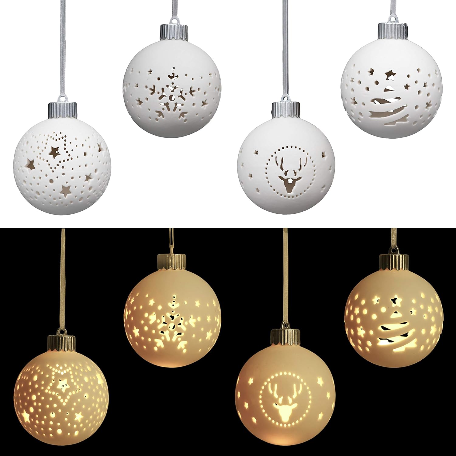 Valery Madelyn LED Christmas Baubles with Ribbon, 4pcs 3.1 Inch/8cm Ceramic Tree Pendant