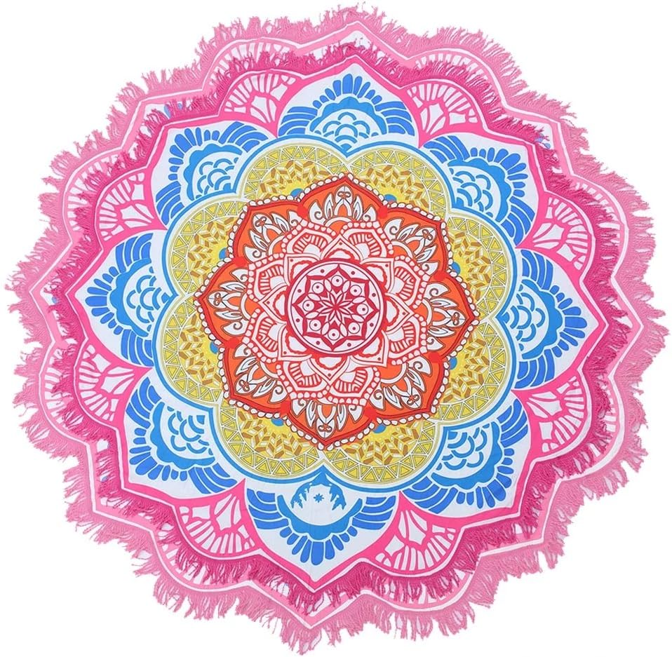 Sunroyal Round Shape Travel Beach Towel Tassel Beach Floral Pattern Print Mandala Throw Hippy Boho Gypsy Tablecloth Beach Towel Round Blanket Table Light Weight Yoga Mat Picnic Ma t Beautiful Decorated Wall Hanging - Tassel Pink
