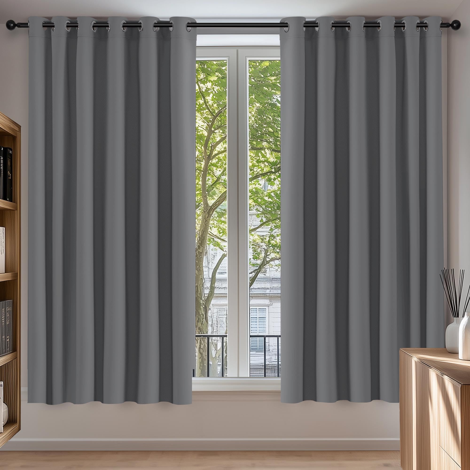 Deconovo Thermal Insulated Extra Wide Grey Curtains 90x54 Inch Drop Energy Saving Noise Reducing Eyelet Blackout Curtains for Bedroom, 1 Pair, Light Grey