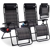 SereneLife Zero Gravity Lounge Chair Set of 2 &ndash; Outdoor Reclining Patio Chairs with Rattan Side Table, Cup Holder &amp; Pillow Foldable Lawn Chairs for Patio Furniture, Garden, Beach, or Indoor Relaxation