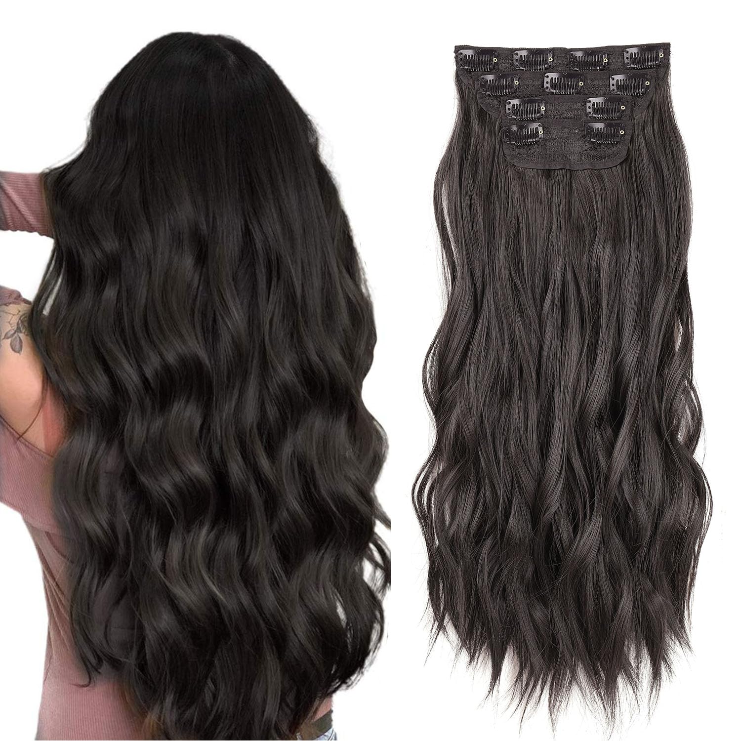 Xtrend 16 Inch Black Brown Wavy Hair Extensions - 11 Clips, 4PCS Full Head Set, Thick Curly Synthetic Hair Pieces for Women Girls 2#