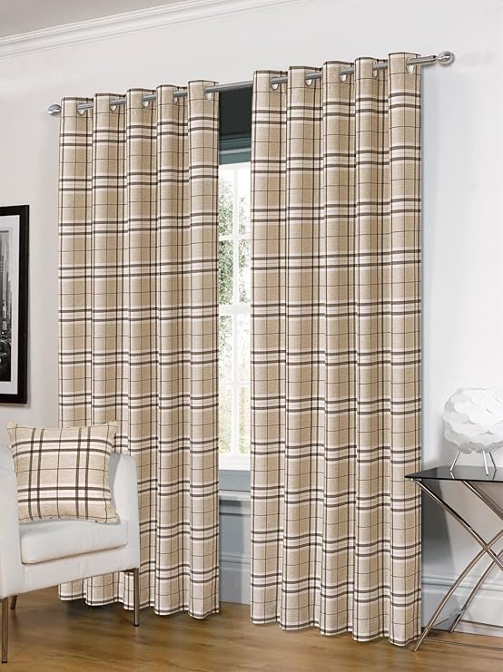 Tartan Cream Brown Check 66" X 72" Lined Ring TOP Curtains & 2X Cushion