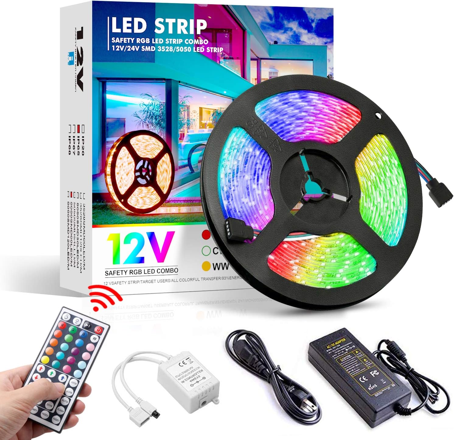 LED Strip Lights 16.4ft Waterproof，RGB LED Light Strip 300 LEDs, LED Tape Lights Flexible Rope Lights SMD 5050, led Lights for Bedroom with Remote Color Changing Lights for Room Bed TV Kitchen Bar