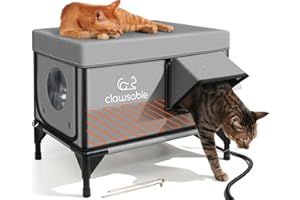 LAMLINGO Heated Cat House for Outside,Extremely Insulated & Weatherproof in Winter,Elevated Outdoor Cat Shelter with Waterproof Eaves & Escape Door for Feral Stray Barn Cat（Grey,M:20.67" Lx12.6 Wx15.7 Th）