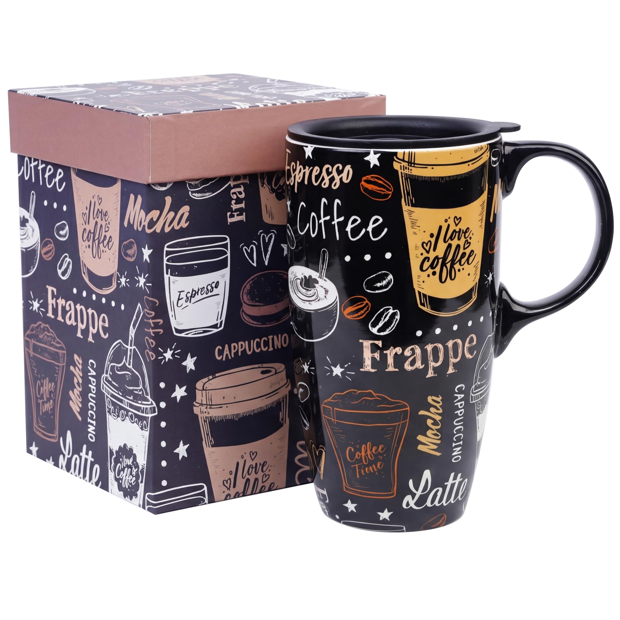 Topadorn Ceramic Travel Mug with Lid and Handle Gift for Coffee Lovers, Ceramic Coffee Mug Ceramic Latte Teacup Milk Mug in Color Box 17 Oz, Frappe