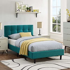 Modway Linnea Upholstered Teal Platform Bed with Wood Slat Support in Twin