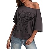 CSDAJIO Women's Casual Short Sleeve One Off The Shoulder Oversized T Shirt Graphic Tee Loose Baggy Top