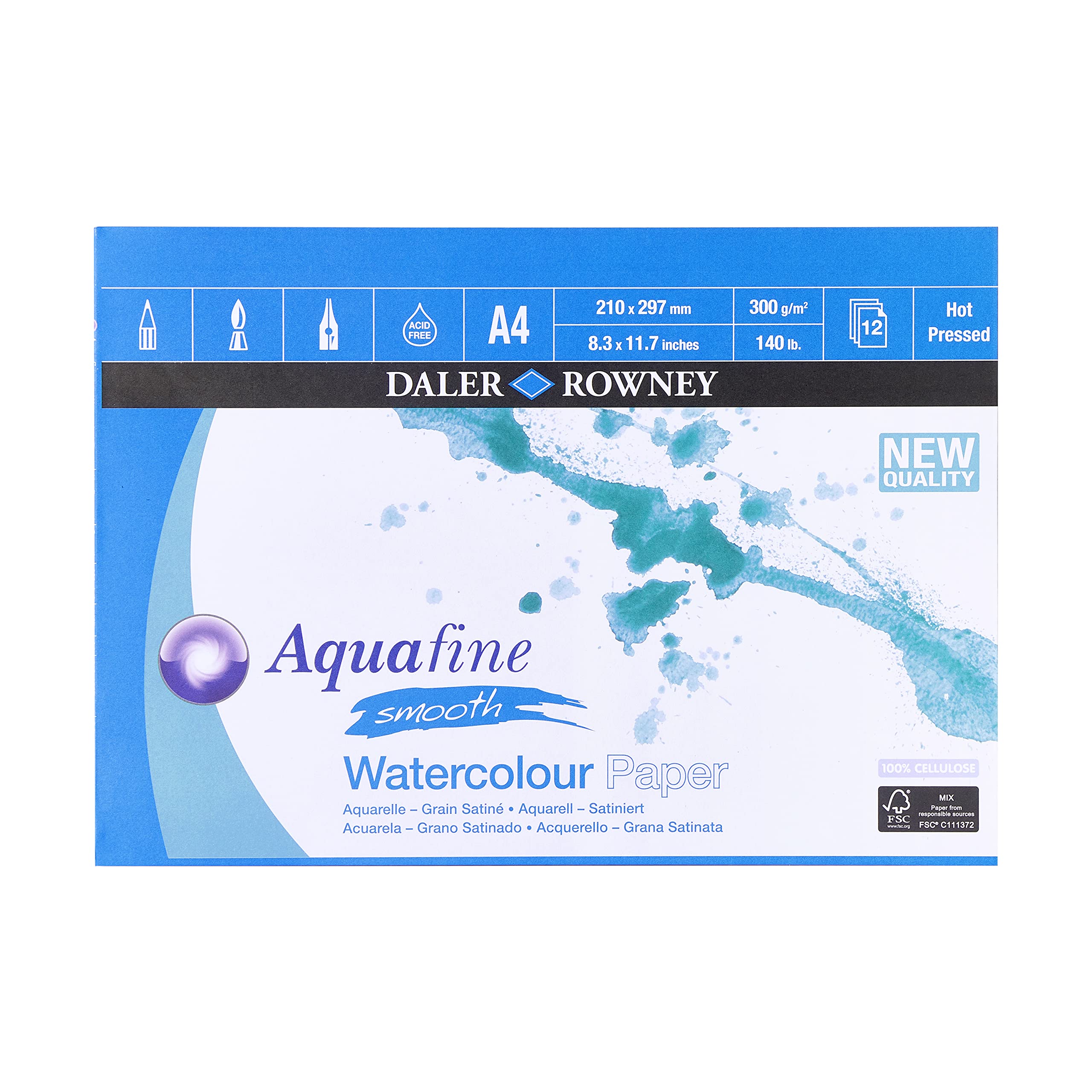 Daler-Rowney Aquafine Smooth Hot-Pressed Watercolour & Gouache 300gsm A4 Paper Pad, Glued 1 Side, Natural White, 12 Sheets, For Professional & Beginner Artists & Students, Acid-Free — image 1