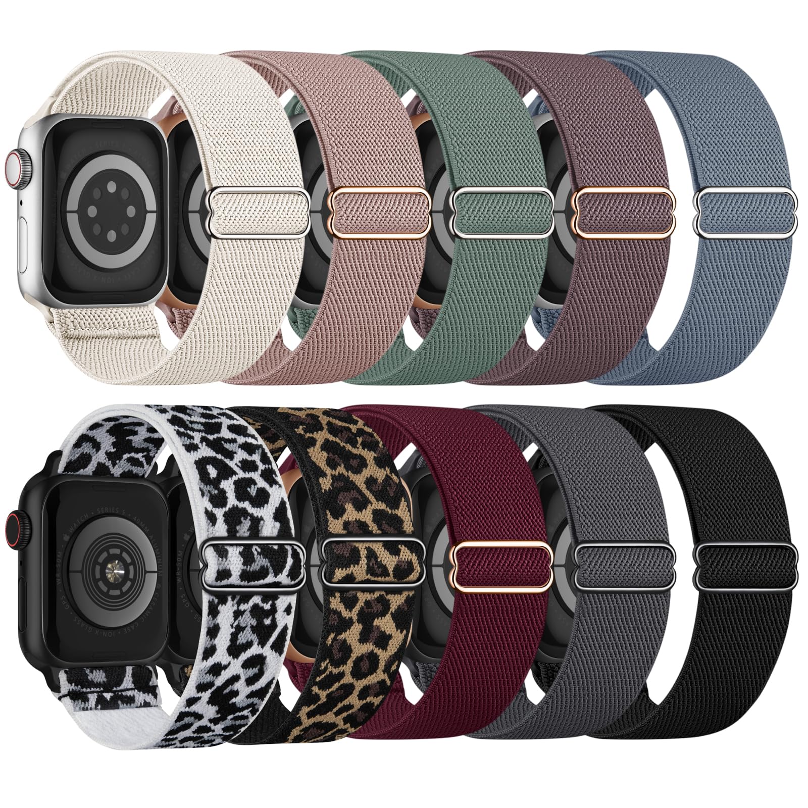 Photo 1 of 10 Pack Stretchy Bands Compatible with Apple Watch Band 40mm 38mm 41mm 42mm 44mm 45mm 46mm 49mm Women Men, Nylon Solo Loop Elastic Sport Straps for iWatch Series 10 9 8 7 6 5 4 3 SE Ultra