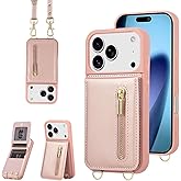 KYFSJPT Crossbody Wallet Case for iPhone 17 Pro, with Card Slots Zipper Pocket Case, Flip Folio Purse RFID Blocking with Detachable Strap-Pink