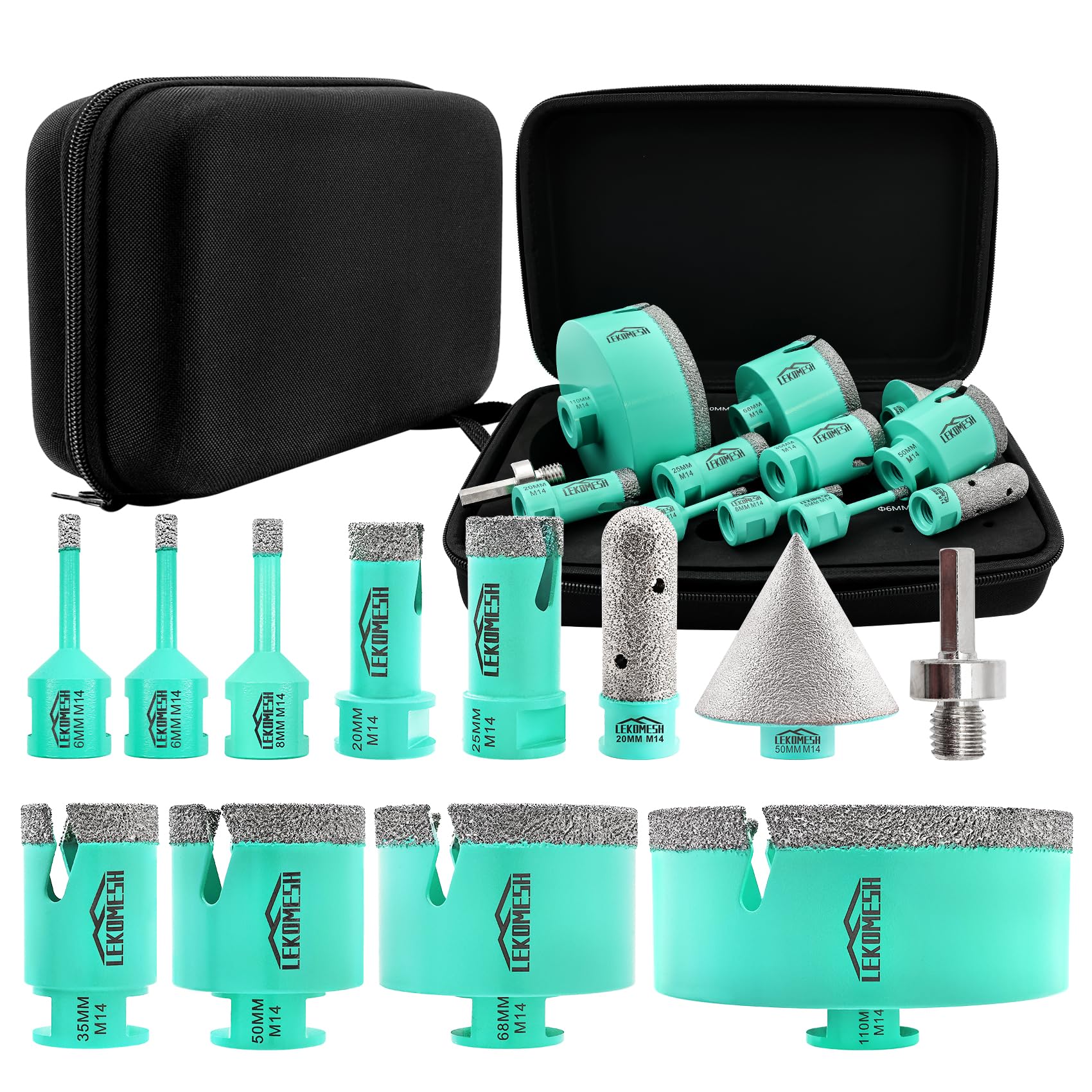 LEKOMESH Tile Hole Saw Kit - (6/6/8/20/35/50/68/110mm+20mm Finger Bit+50mm Chamfer Bit+HEX Adapter) Diamond Core Drill Bits Set for Porcelain Tile Ceramic Marble Brick Concrete,M14 Thread — image 1