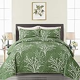 DJY Green Quilt Set Queen Size Branch Bedspread Coverlet Set, 3 Piece Olive Green Floral Reversible Botanical Quilt Bedding Set with 2 Pillowcases Lightweight Daybed Cover for All Season 96''x90''