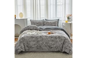 WARMDERN Velvet Duvet Cover Queen Grey Duvet Cover Queen Size Soft Breathable Flannel Duvet Cover Set 3 Pieces with Zipper Closure Corner Ties(Grey, Queen)