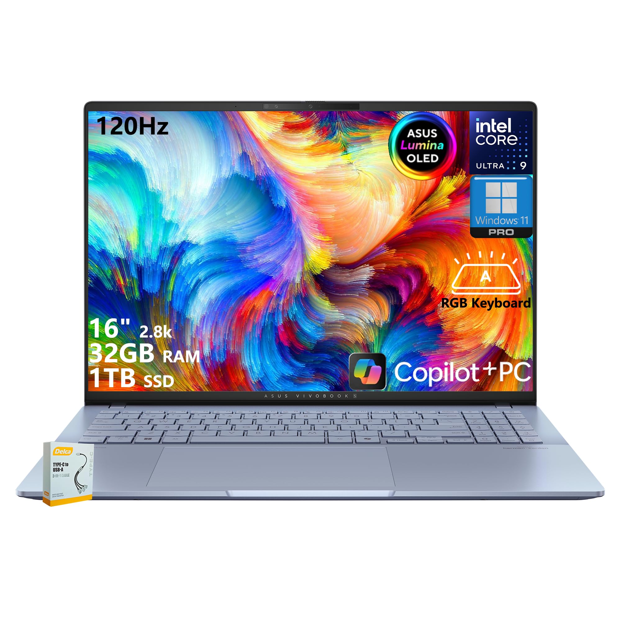 ASUS Vivobook S16 Copilot+ AI PC Laptop | 16" 2.8k OLED 120Hz | Intel Core Ultra 9 285H | 32GB RAM 1TB SSD | RGB Backlit for Creator Designer Business Professional Win11 Pro w/DLCA Accessory