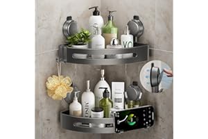 Shower Caddy Corner,Suction Cup Shower Caddy with Hooks,No Drilling Rustproof Aluminum Bathroom Organizers and Storage,Shelve
