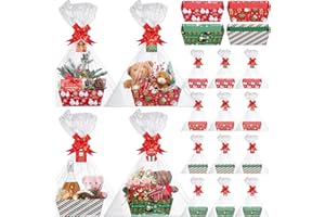 Cholemy 12 Sets Large Christmas Basket for Gift Empty Gift Basket Kit Presents Bags Empty to Fill with Handles Wine Bags Kraft Cardboard Tray for Christmas Birthday Party(Green,Snowman)