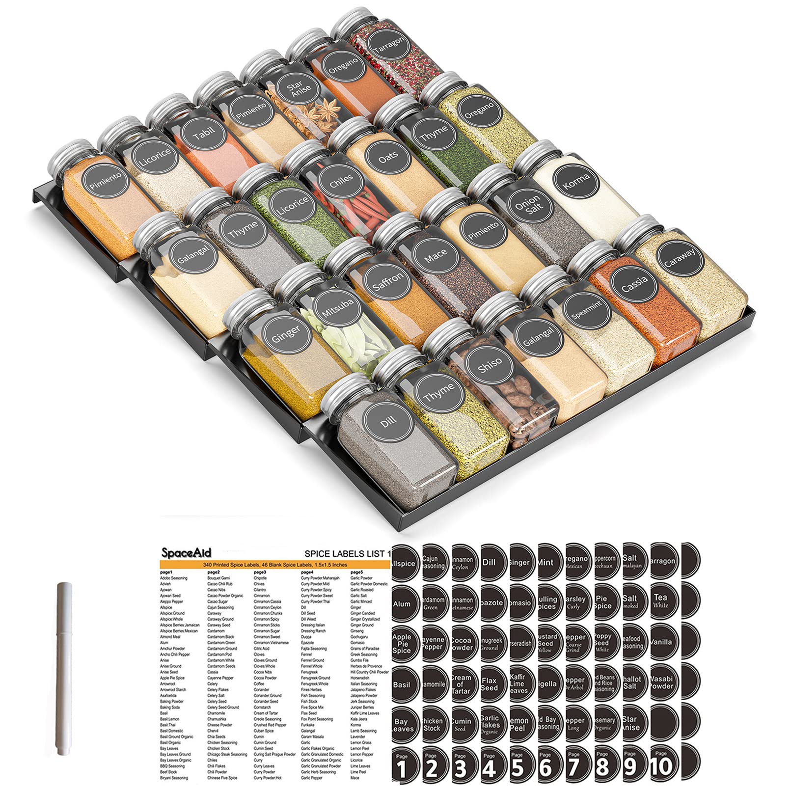 SpaceAid Spice Drawer Organizer with 28 Spice Jars, 386 Spice Labels, 4 Tier Seasoning Rack Tray Insert for Kitchen Drawers, 13" Wide x 17.5" Deep Image