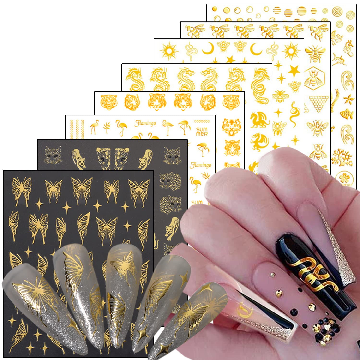 Gold Animal Nail Art Stickers, Butterfly Leopard