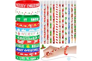 Sabary 48 Pcs Christmas Pencils Silicone Bracelets Set Christmas Party Favors Candycane Plaid Snowman Santa Tree Snowflake Pencils Xmas Wristbands Gifts(Santa,7.48 Inch Pencil)