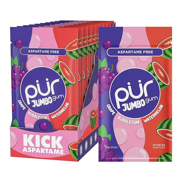 PUR JUMBO GUM | ASPARTAME FREE CHEWING GUM | 100% XYLITOL | NATURAL BUBBLEGUM, GRAPE, WATERMELON FLAVOR, 20 PIECES (PACK OF 10)