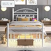 Samurbex 12 Inch Twin Size Bed Frames with Charging Station,White Metal Platform Bed Frame with LED Lights,Heavy Duty Metal Steel Slats Support,No Box Spring Needed,Noise Free,Easy to Assemble