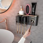 iHave Toothbrush Holders for Bathrooms Wall Mounted with Dispenser &amp; 2 Cups | 6 Slots Wall Mount Toothbrush Holders for Bathrooms with Squeeze Toothpaste Dispenser, 2 Cups &amp; 2 Compartments Organizer