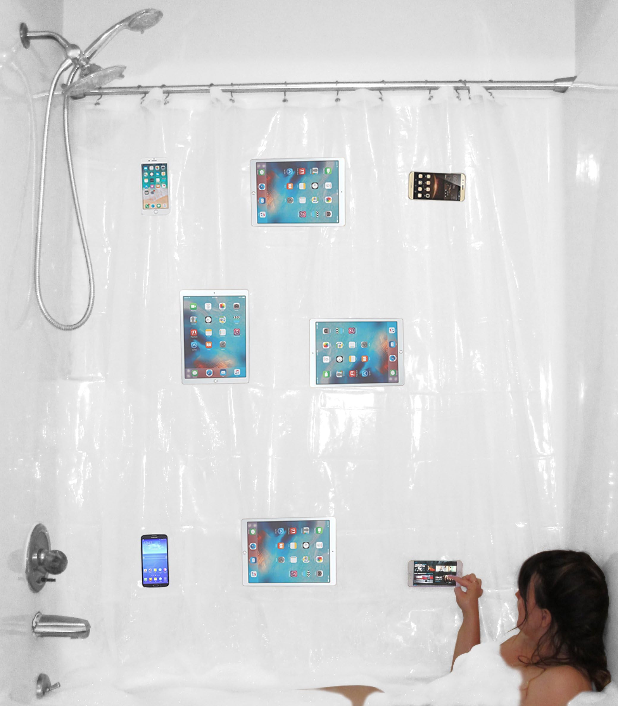 YouTub Premium Clear Shower Curtain Liner With Waterproof Media Pockets for Touchscreen Phones iPhone Tablet iPad Holder - Text, Listen to Music or Podcasts & Watch While You Bathe - Universal Size