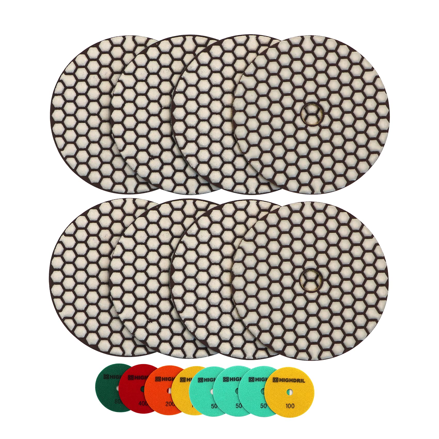 HIGHDRIL Dry Diamond Polishing Pad - 8PCS (#50x3/100x2/200/400/800) 125MM Sanding Pads for Granite Stone Marble Floor Grinder Polish Pad Kit for Drill, Grinder, Polisher
