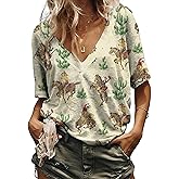 Sasens Women's Western Cactus Horse V-Neck T-Shirts Tops Vintage Pattern T-Shirt Novelty Short Sleeve T-Shirt Top